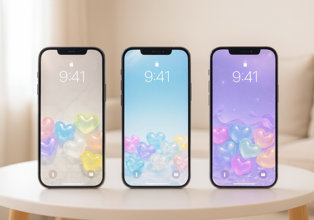 パステル透明ハート壁紙セット9点セット(うるうる・キラキラ・かわいいスマホ壁紙)