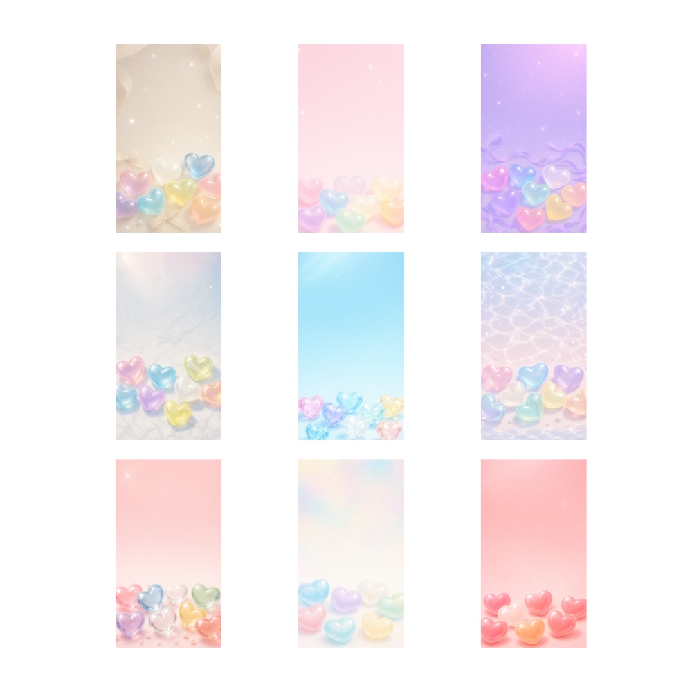 パステル透明ハート壁紙セット9点セット(うるうる・キラキラ・かわいいスマホ壁紙)