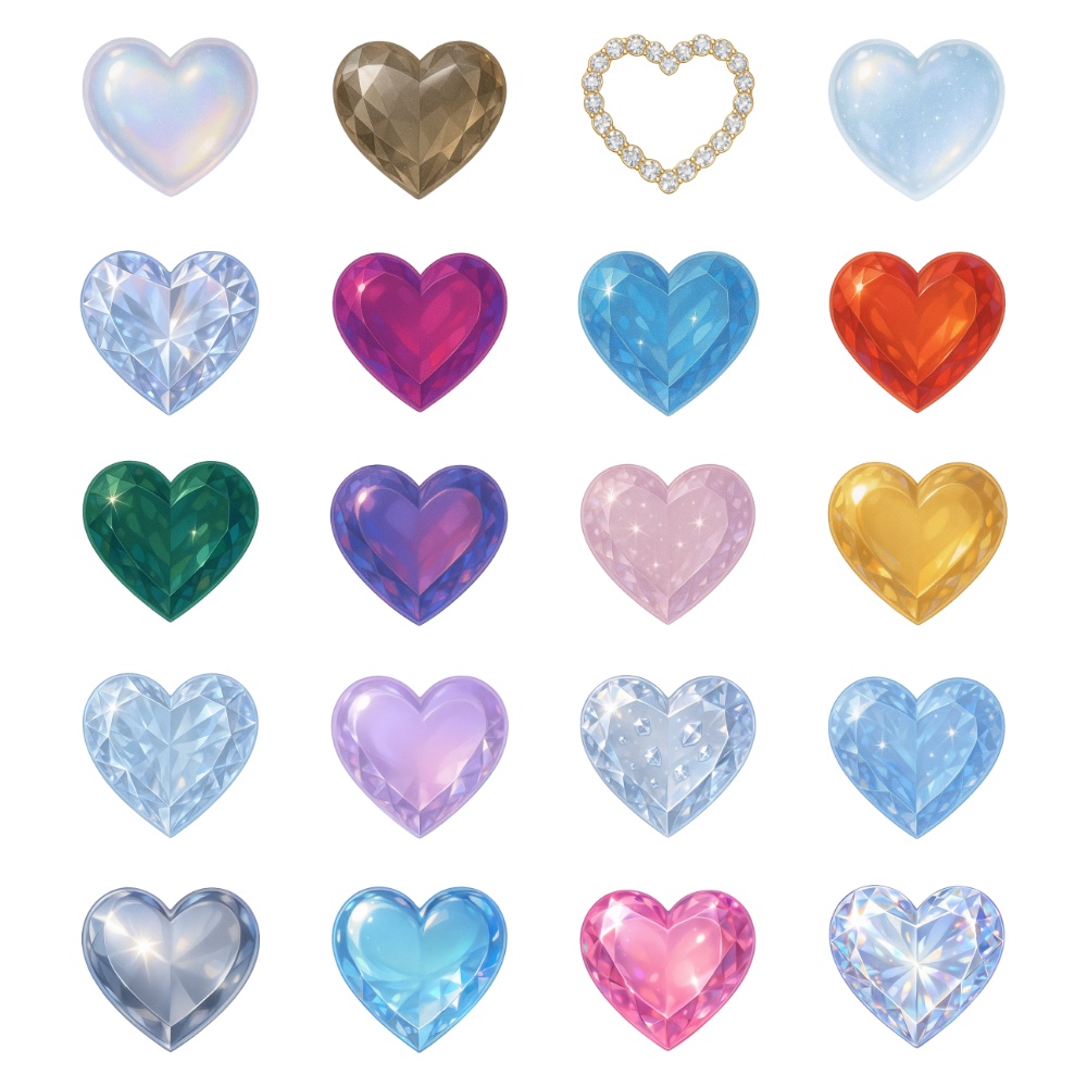 ガラス&ダイヤ宝石ハート素材20点セット