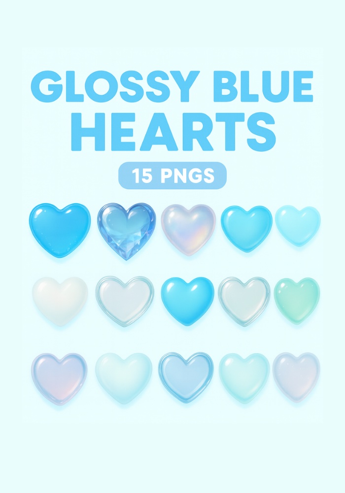 水色ガラス＆ジェルハート素材 15点セット｜透明感・パール・宝石風 PNG