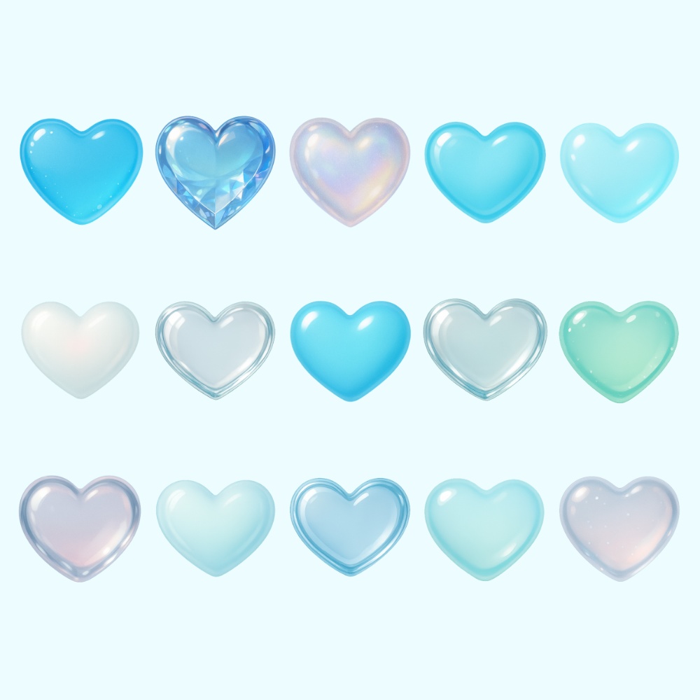水色ガラス&ジェルハート素材 15点セット|透明感・パール・宝石風 PNG