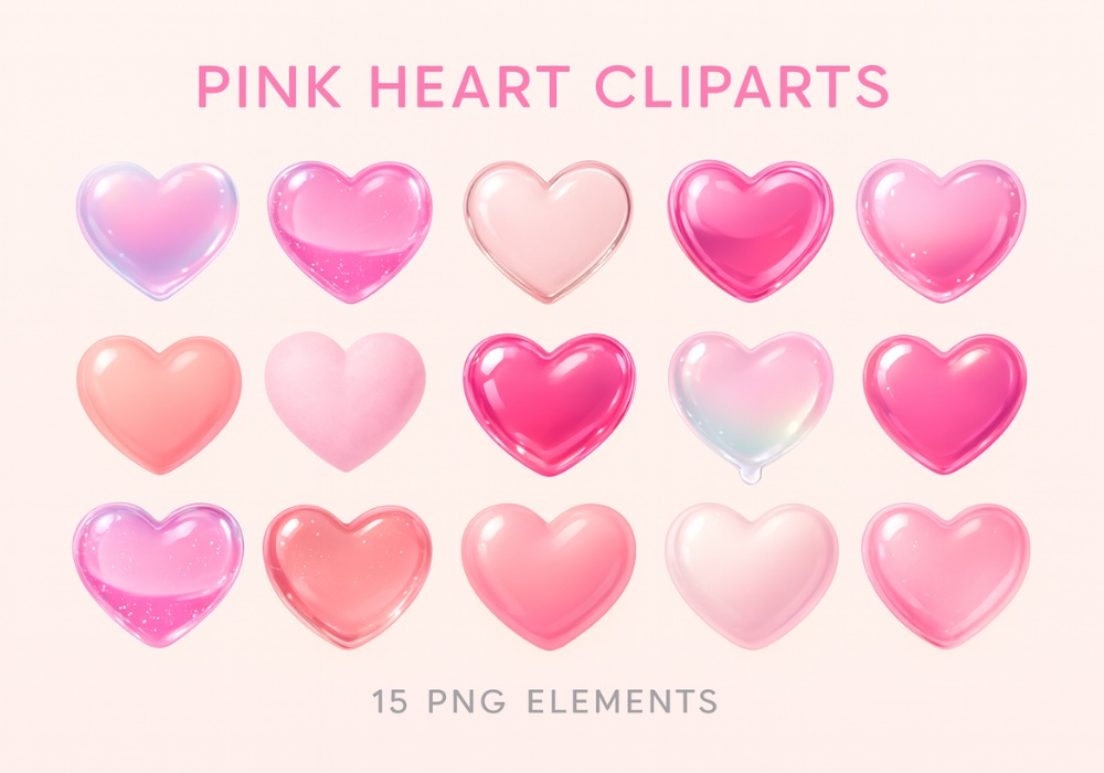 うるつやピンクハート素材 15点セット|ジェル・キャンディ・パール・透明感 PNG