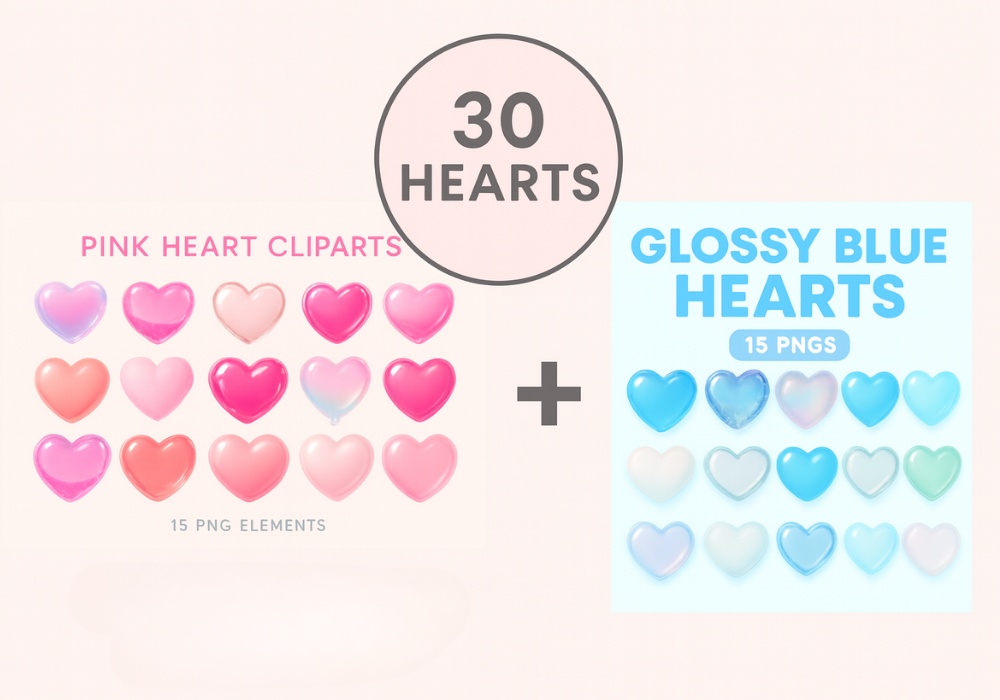 うるつやハート素材 30点セット｜ピンク＆ブルー／ガラス・ジェル・パール質感 PNG