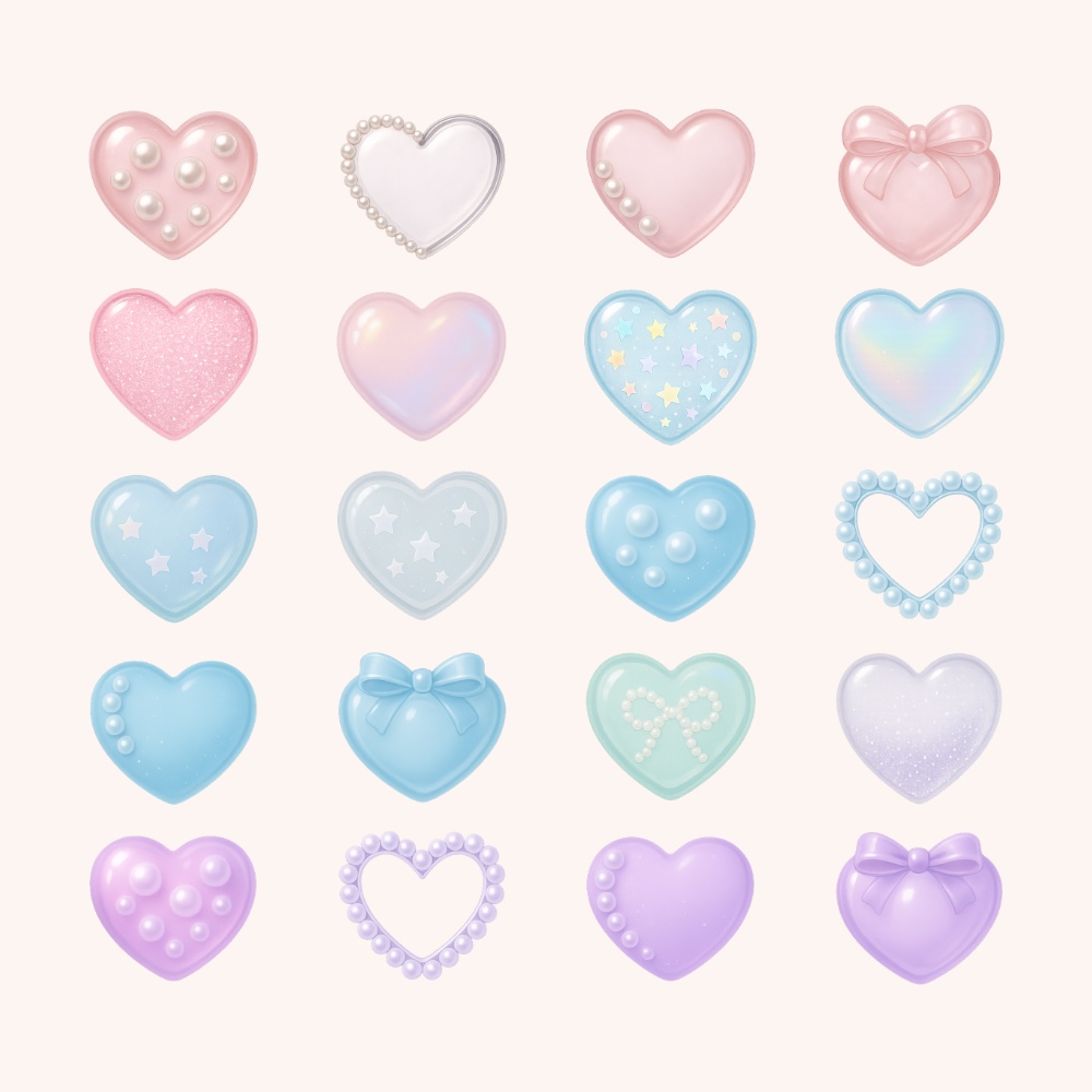 うるつや透明感のパステルハート20点セット|パール&リボン入りジェル風素材(PNG透過)