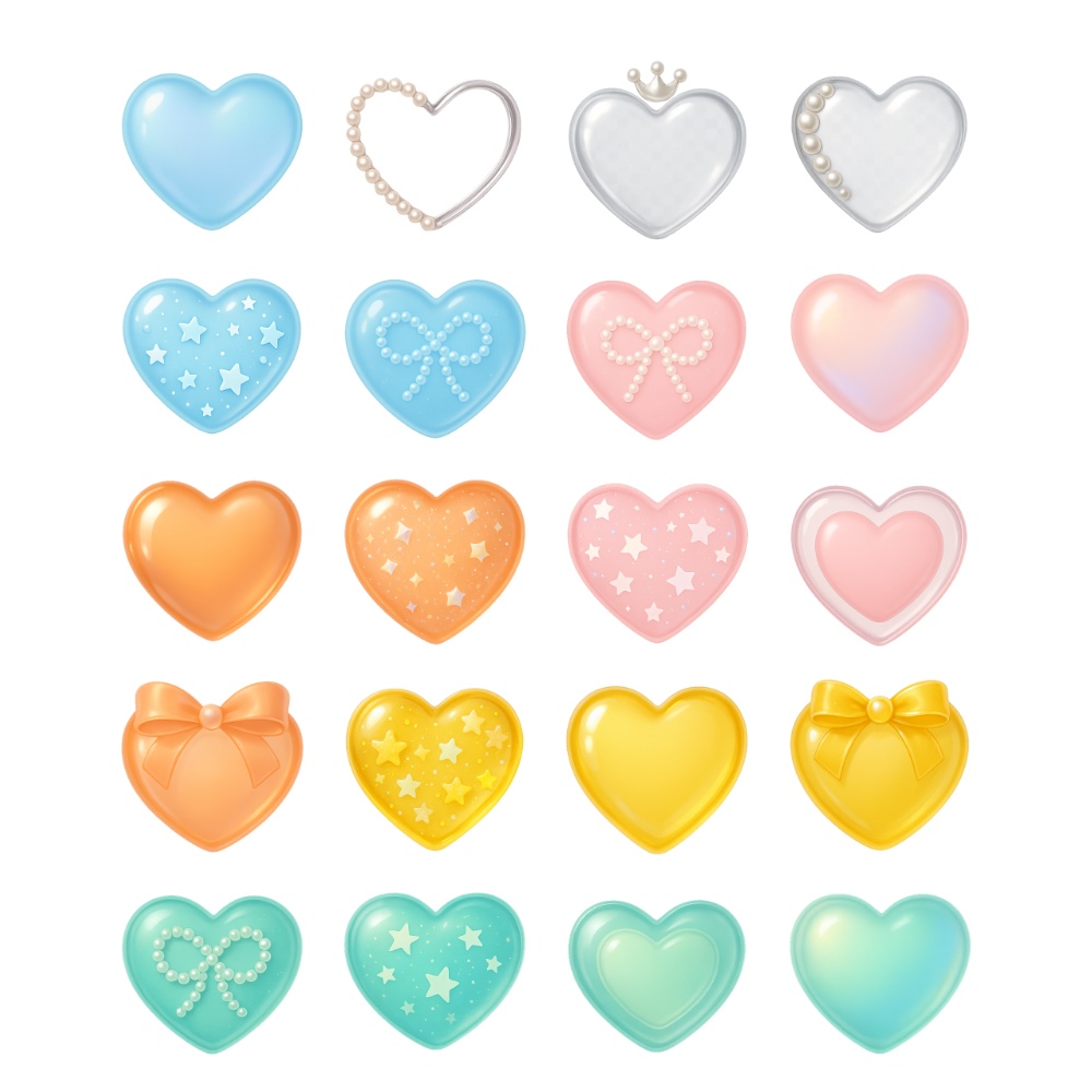 うるつや透明感のガーリーハート素材20点セット| パール・リボン・星ホロ・ジュエリー風 PNG(背景透過)