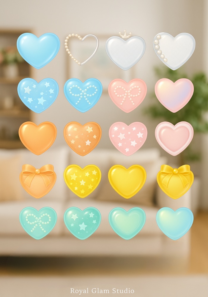 うるつや透明感のガーリーハート素材20点セット| パール・リボン・星ホロ・ジュエリー風 PNG(背景透過)