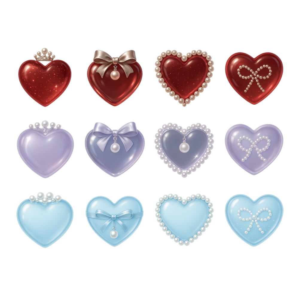 パール&リボンの高級ガーリーハート素材12点セット |ジュエリー風・透明感・うるつや PNG(背景透過)