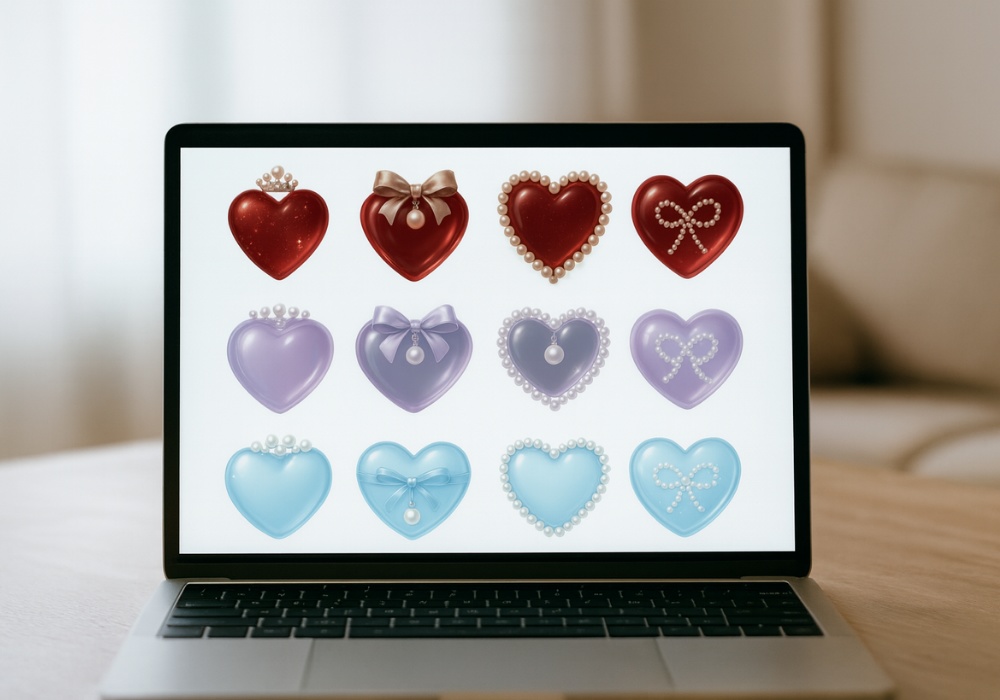 パール＆リボンの高級ガーリーハート素材12点セット ｜ジュエリー風・透明感・うるつや PNG（背景透過）