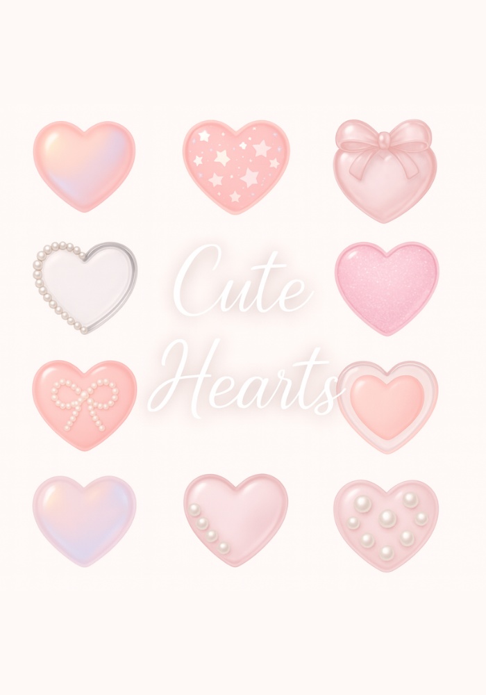 うるうる可愛いピンクハート素材10点セット|パール・リボン・グリッター・透明ガラス風 PNG