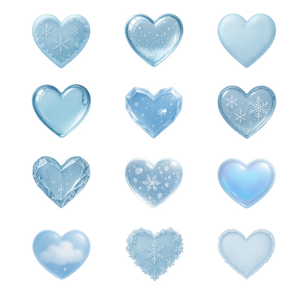 冬の透明・氷ハート素材12点セット|スノー・クリスタル・グラス風・雪雲・霜加工 PNG
