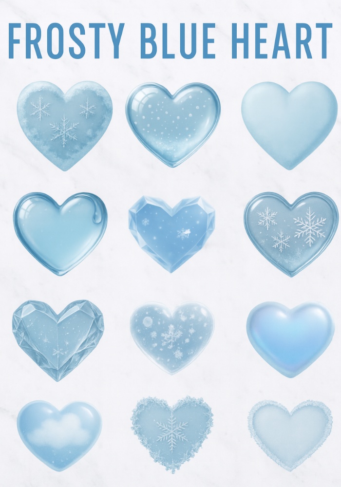 冬の透明・氷ハート素材12点セット｜スノー・クリスタル・グラス風・雪雲・霜加工 PNG