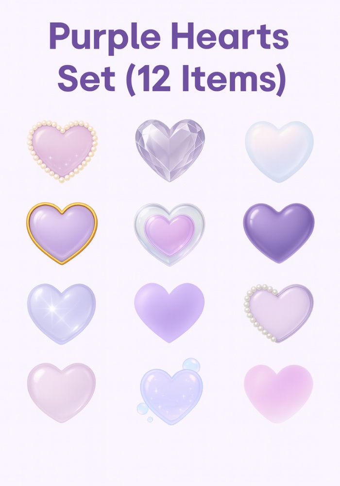 パープルハート素材 12点セット｜ガラス・パール・ジェル・クリスタル｜透明感イラスト PNG