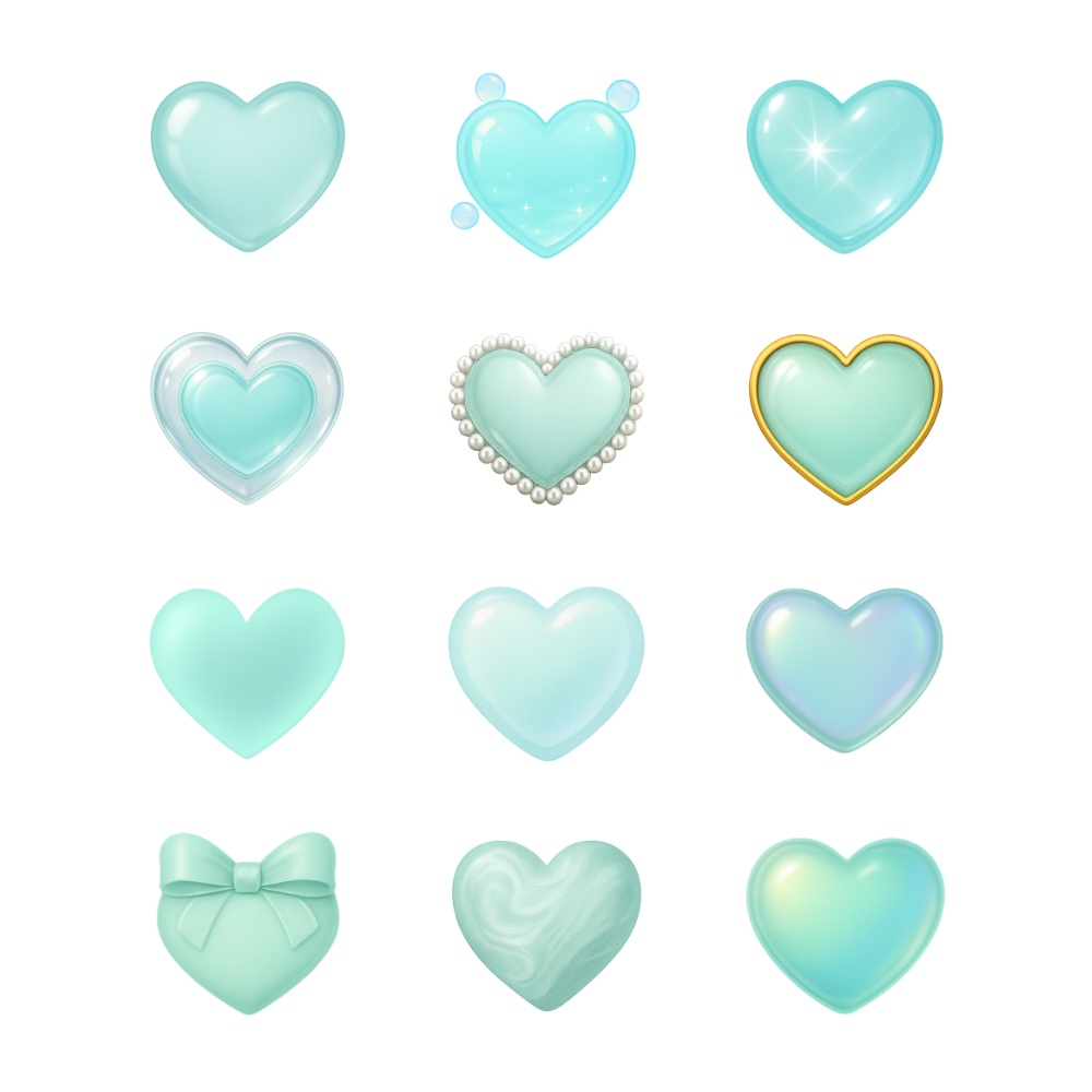 ミントハート素材 12点セット|透明感・ガラス・パール・ジェル・リボン|高解像度PNG