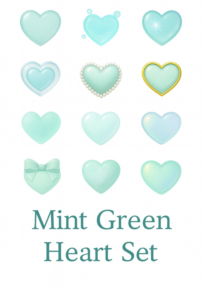ミントハート素材 12点セット｜透明感・ガラス・パール・ジェル・リボン｜高解像度PNG