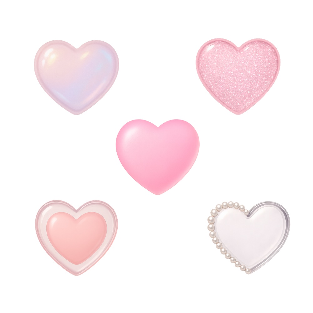 ピンクガーリー ハート素材5点セット|ジェル・ガラス・パール・ラメの高品質PNG