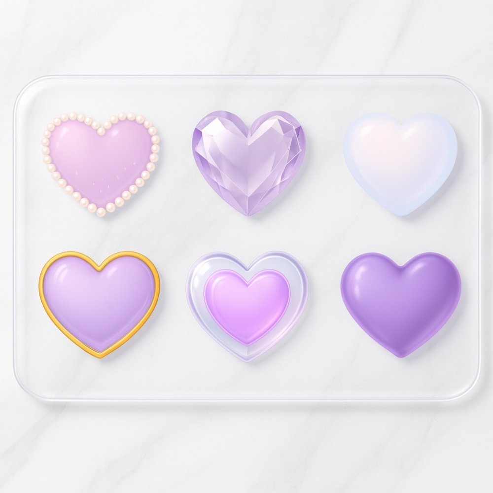 パープルガーリー ハート素材6点セット｜ジェル・ガラス・ジュエリー・パール縁取り PNG