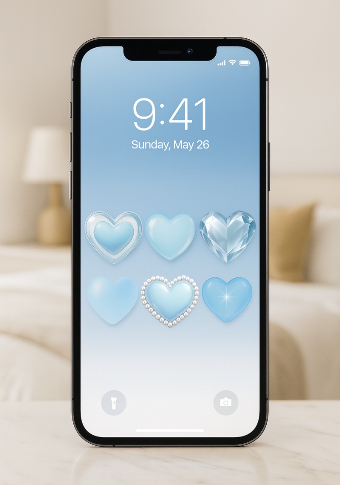 水色ガーリー ハート素材6点セット|ガラス・ジェル・クリスタル・パール縁取り PNG