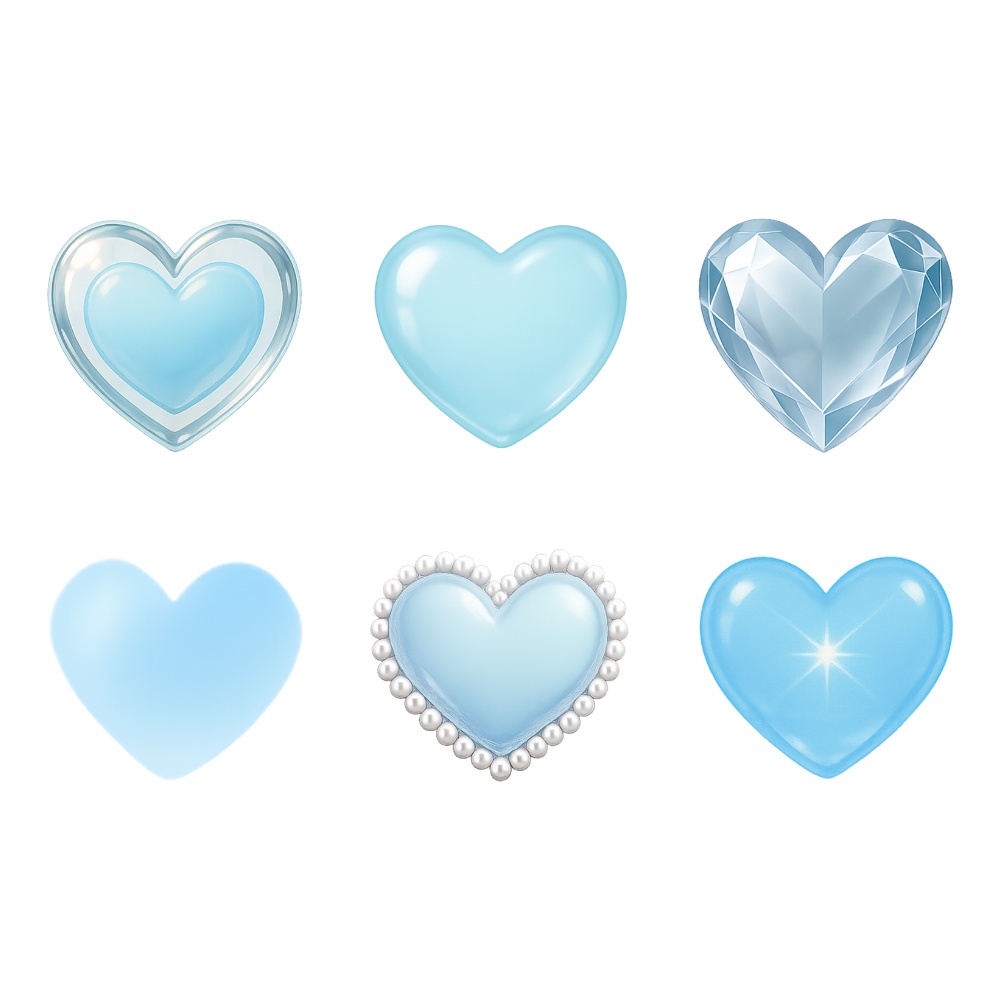 水色ガーリー ハート素材6点セット|ガラス・ジェル・クリスタル・パール縁取り PNG