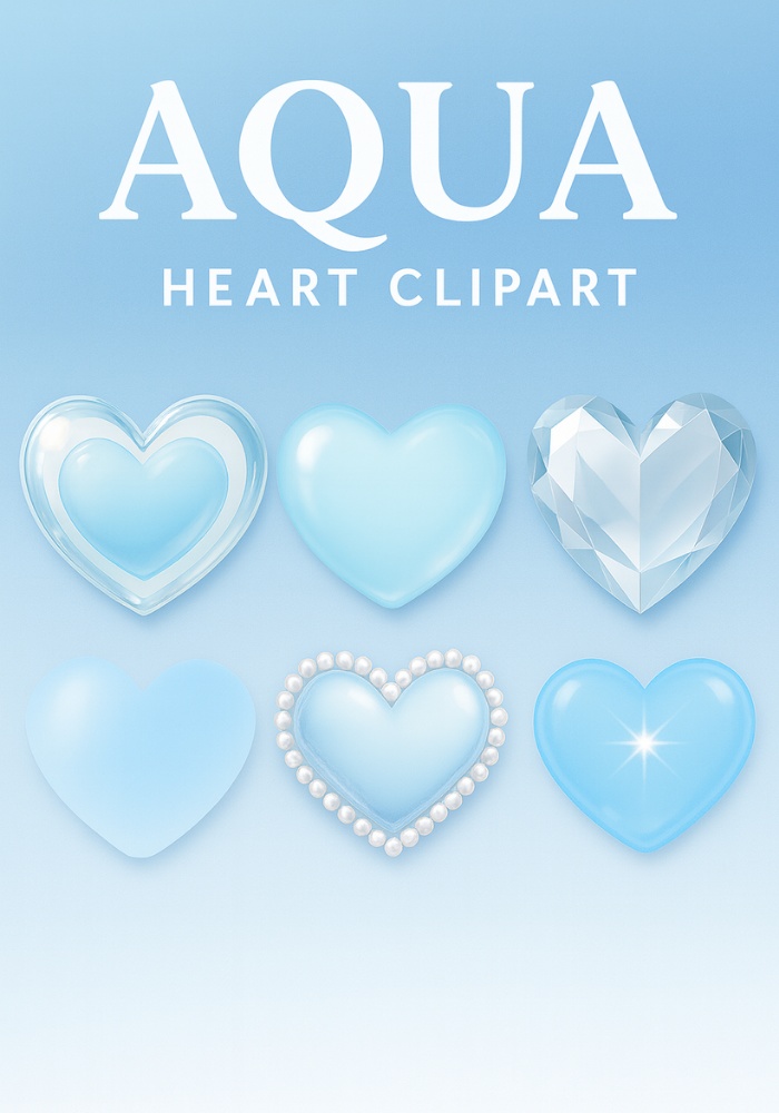水色ガーリー ハート素材6点セット|ガラス・ジェル・クリスタル・パール縁取り PNG