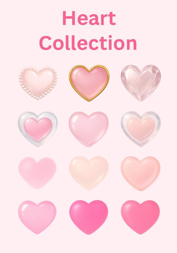 ピンクハート素材12点セット|透明感・ジェル風・宝石・パール枠付きデザイン