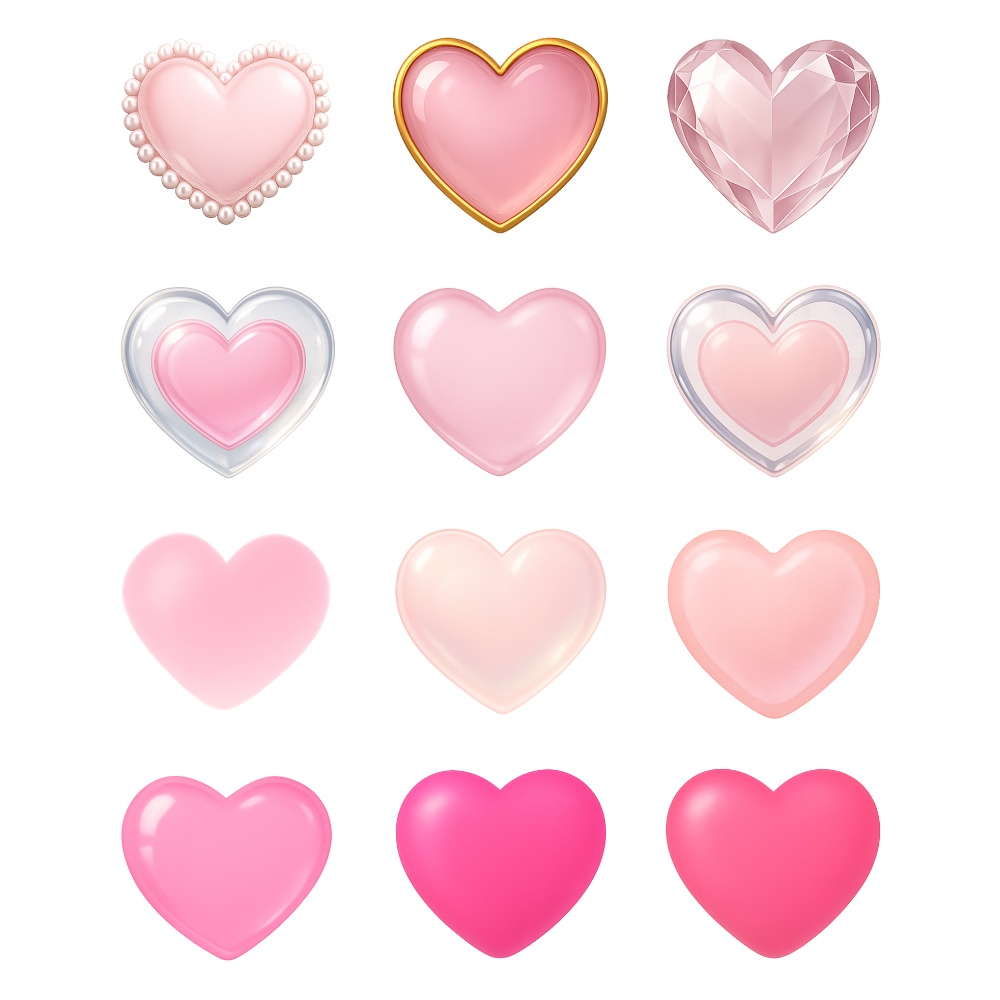 ピンクハート素材12点セット|透明感・ジェル風・宝石・パール枠付きデザイン