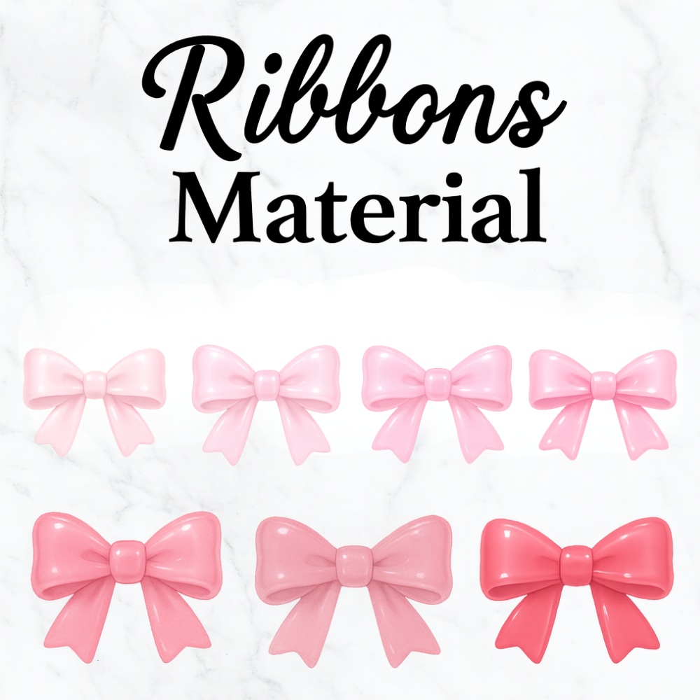 ウルつやピンクリボン7点セット|透明感・ジェル質感・ガーリー素材 PNG(背景透過)