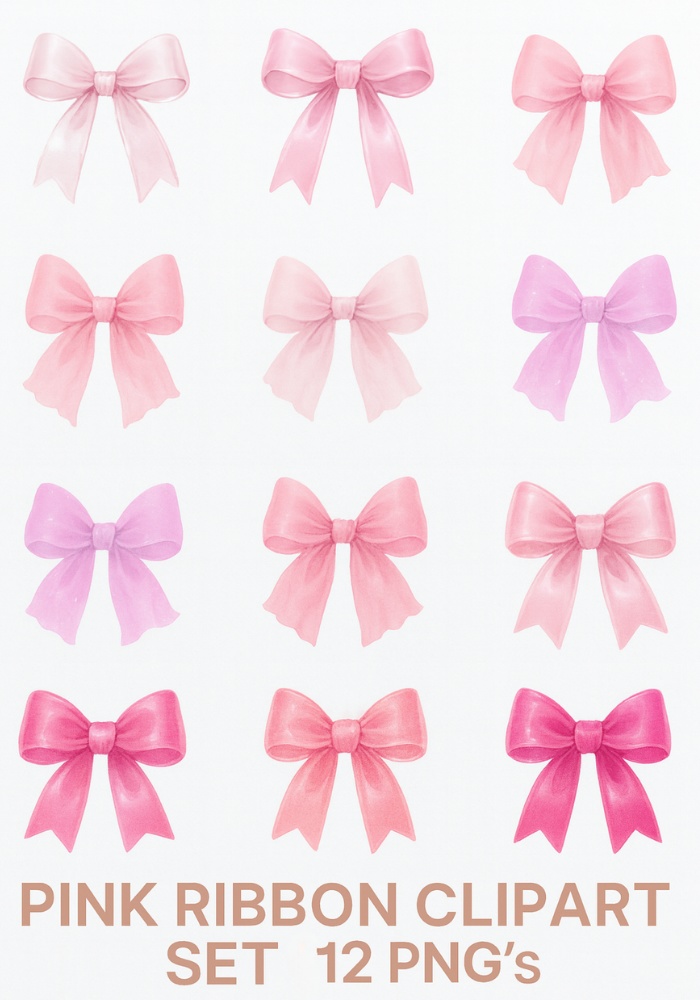 ピンクリボン素材12点セット｜可愛い・ガーリー・透明・ふわふわ・光沢｜商用利用OK