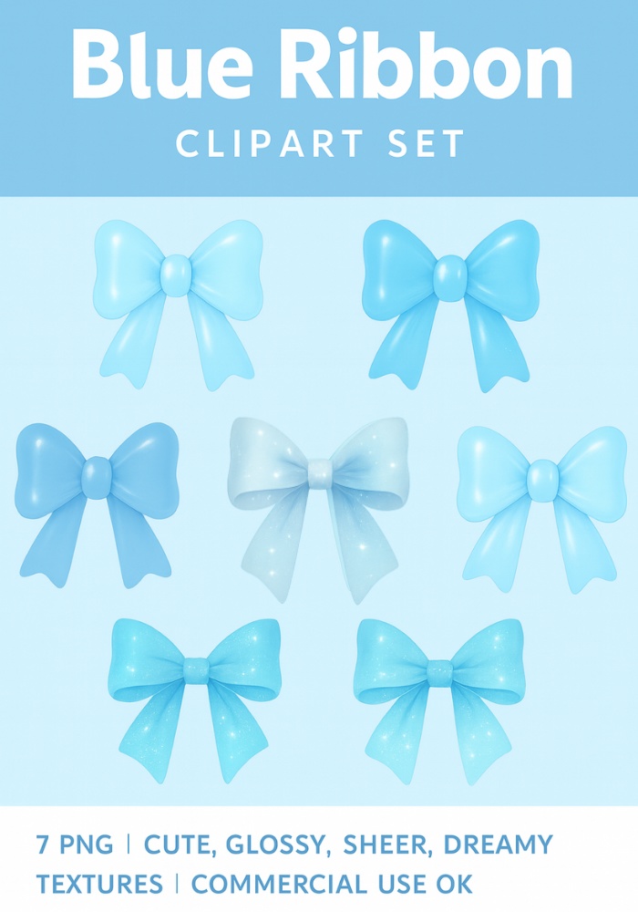 水色リボン素材7点セット|ガーリー・透明感・光沢・ドリーミー|商用利用OK