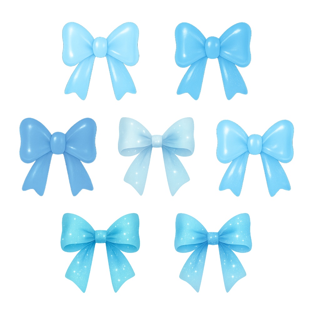 水色リボン素材7点セット|ガーリー・透明感・光沢・ドリーミー|商用利用OK