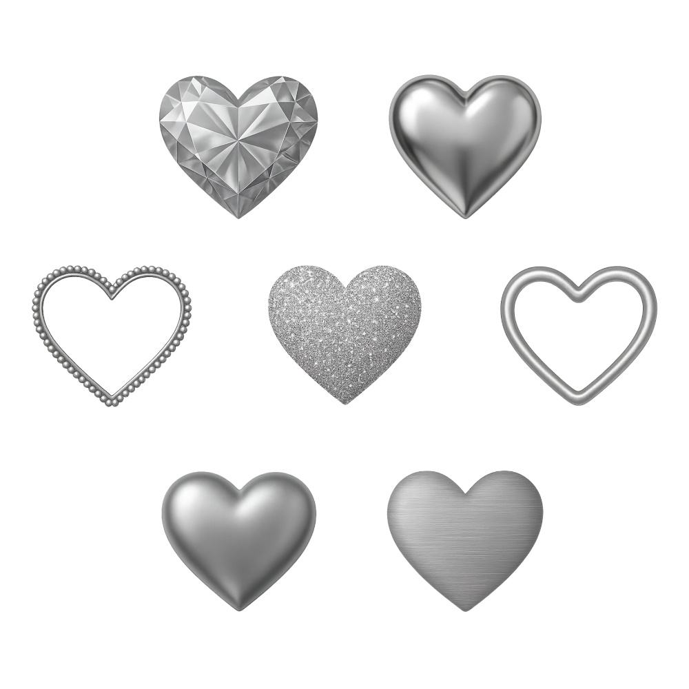 シルバーハート素材7点セット|メタル・宝石・フレーム・光沢・グリッター|商用利用OK
