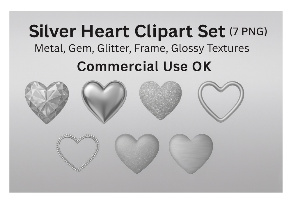 シルバーハート素材7点セット|メタル・宝石・フレーム・光沢・グリッター|商用利用OK