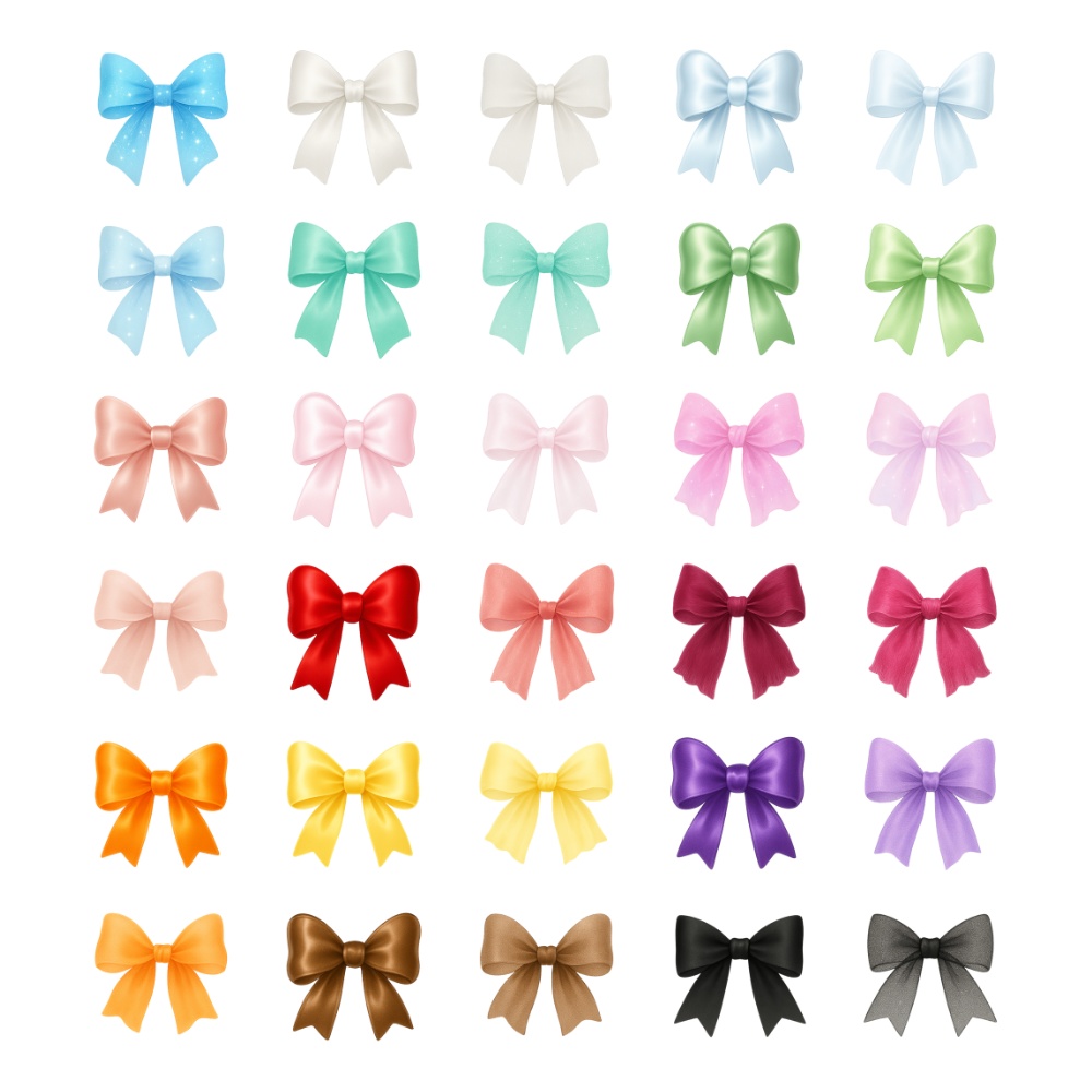 リボン素材30点セット|ガーリー・ふわふわ・光沢・グラデーション|商用利用OK・PNG