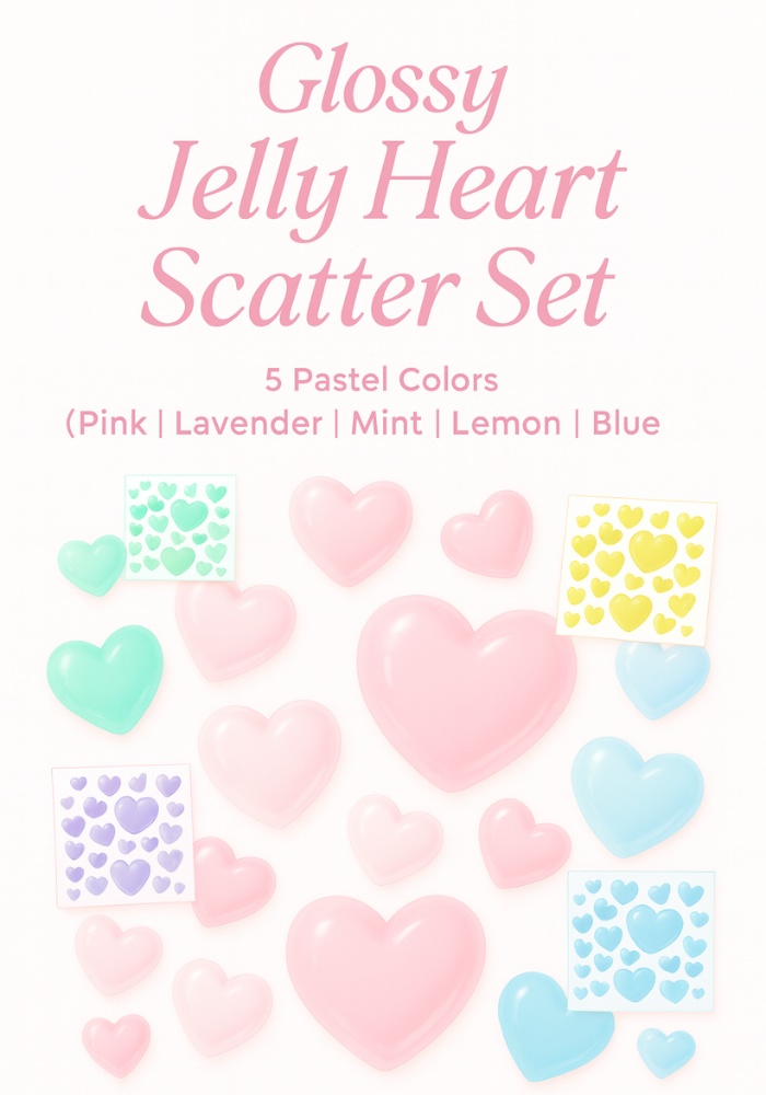 ぷるんジェルハート散らし 5色セット|ピンク・ラベンダー・ミント・レモン・ブルー|背景透過PNG 素材|Royal Glam うるちゅるガーリー
