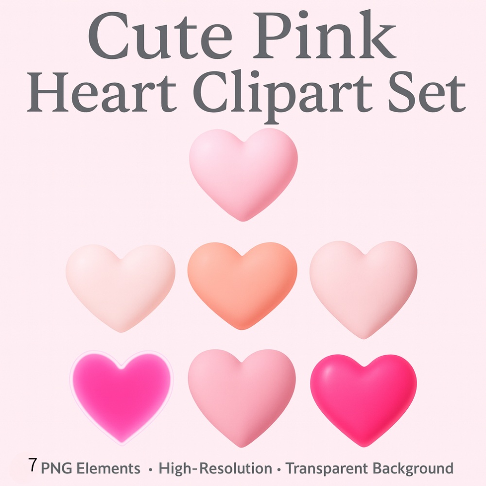 ピンクハート素材 7点セット｜パステル＆ネオン・背景透過PNG｜可愛いガーリークリップアート
