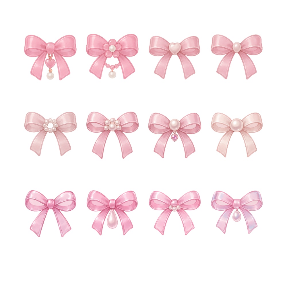 パールピンクガラスリボン 12点セット|透明感ぷるん・高級パール・ガーリー素材 PNG(背景透過)