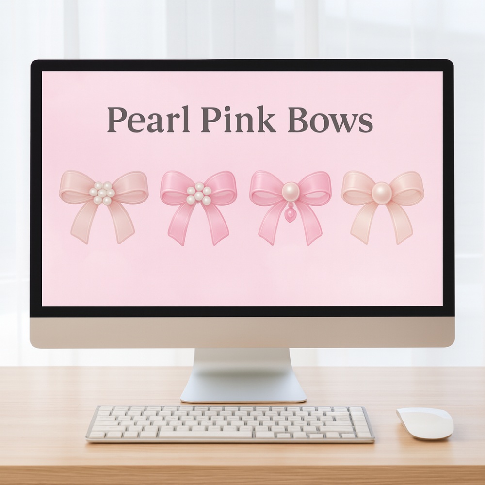 パールピンクガラスリボン 12点セット|透明感ぷるん・高級パール・ガーリー素材 PNG(背景透過)