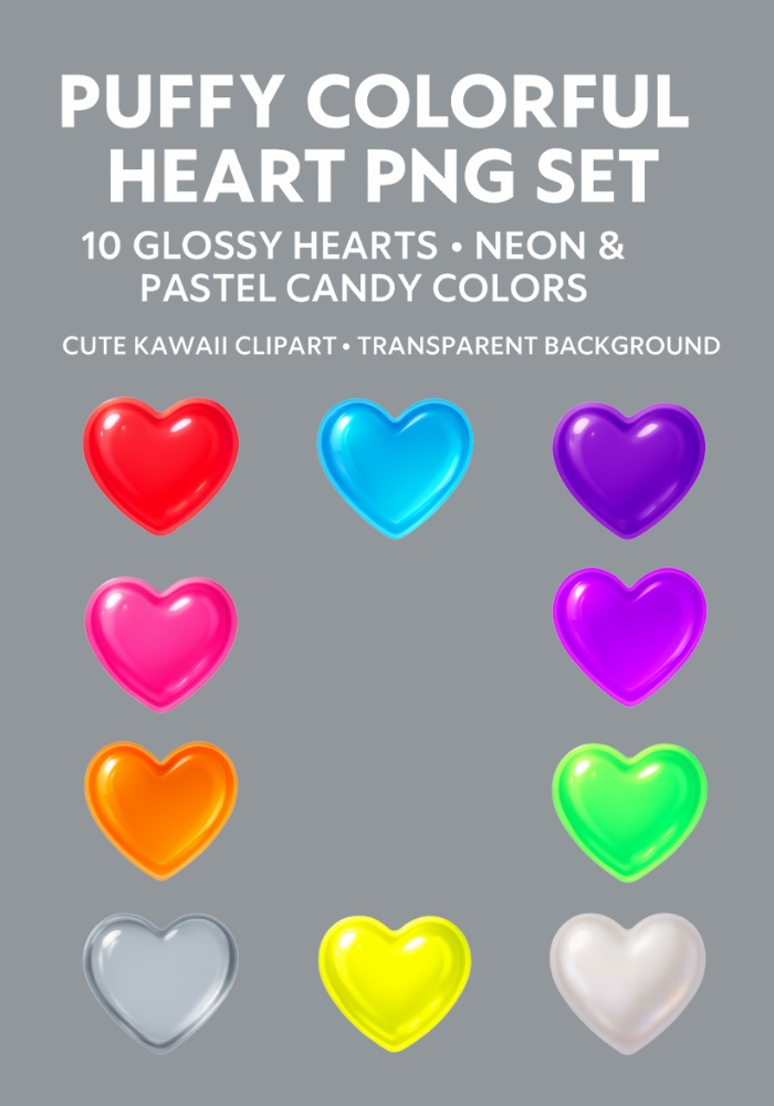 ぷっくりカラフルハート 10点セット｜ネオン＆パステル｜キャンディカラー｜背景透過PNG素材