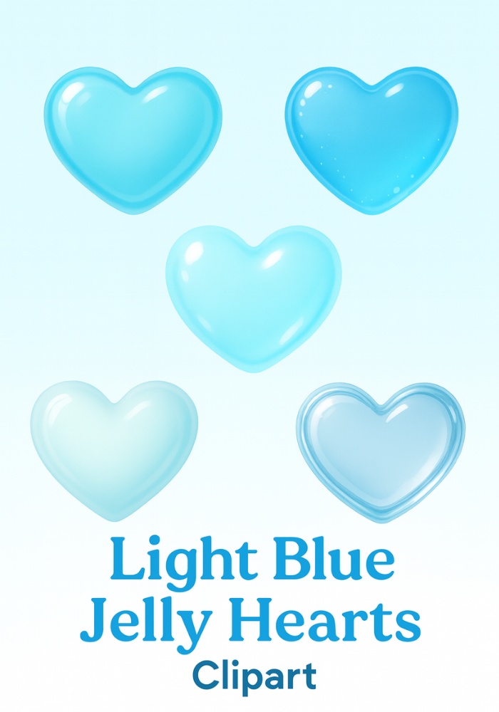 ぷるん水色ハート 素材5点セット｜透明感・ガラス質感・背景透過PNG