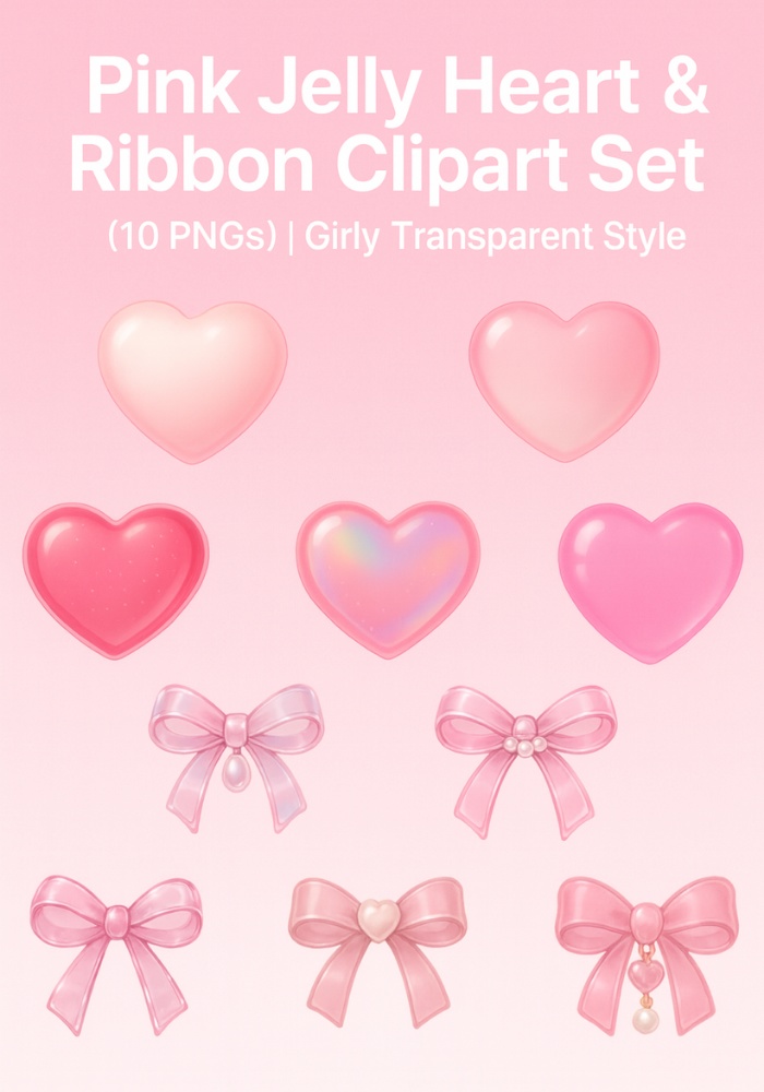 ぷるんピンクハート＆リボン 素材10点セット｜ガーリー・透明感・背景透過PNG