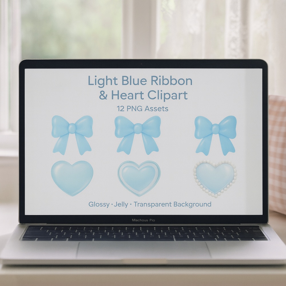 ぷるん水色リボン&ハート素材 12点セット|透明感・ガーリー・ジェル質感PNG