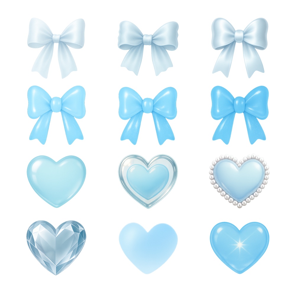ぷるん水色リボン&ハート素材 12点セット|透明感・ガーリー・ジェル質感PNG