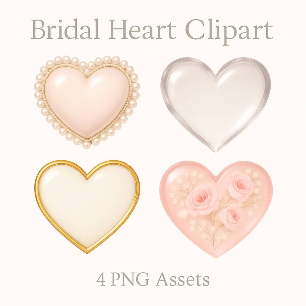 ブライダルピンクハート素材セット(全4点)|パール・ガラス・ゴールド・フラワー|上品ウェディングPNG