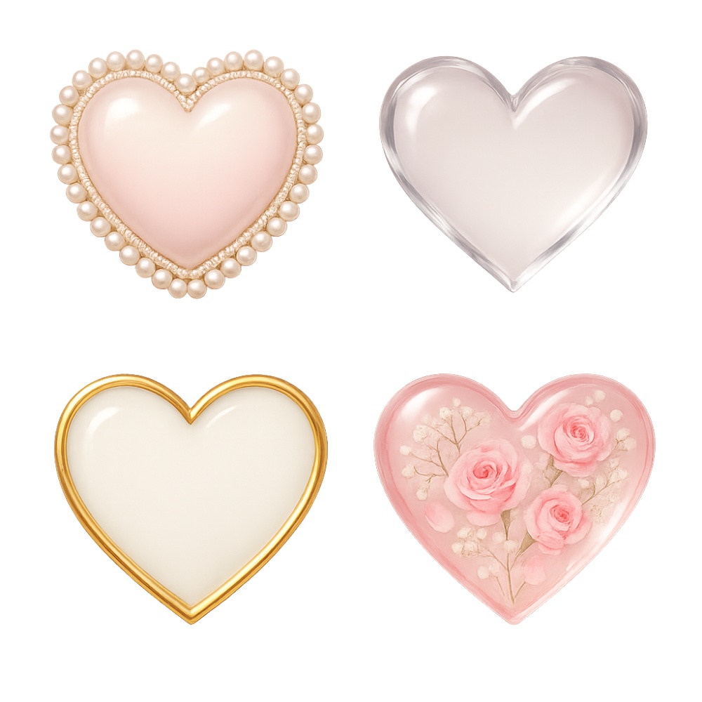 ブライダルピンクハート素材セット(全4点)|パール・ガラス・ゴールド・フラワー|上品ウェディングPNG