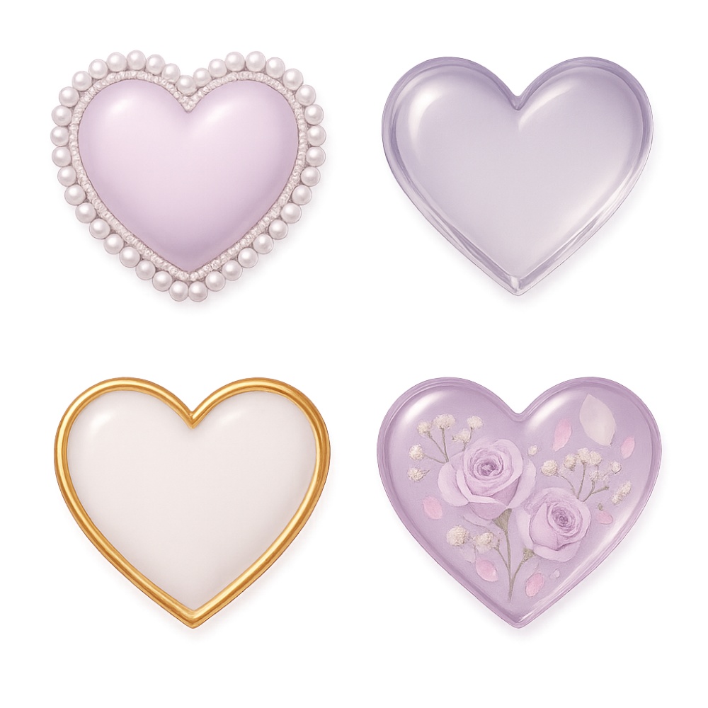 ラベンダーブライダルハート素材セット(全4点)|パール・ガラス・ゴールド・フラワー|上品ウェディングPNG