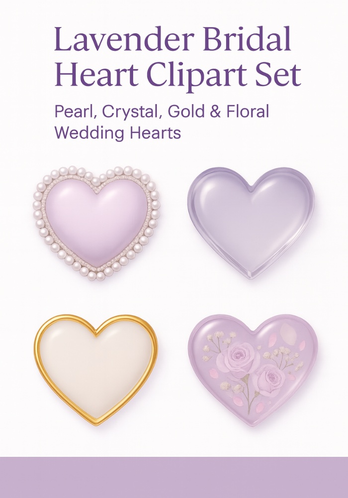 ラベンダーブライダルハート素材セット（全4点）｜パール・ガラス・ゴールド・フラワー｜上品ウェディングPNG