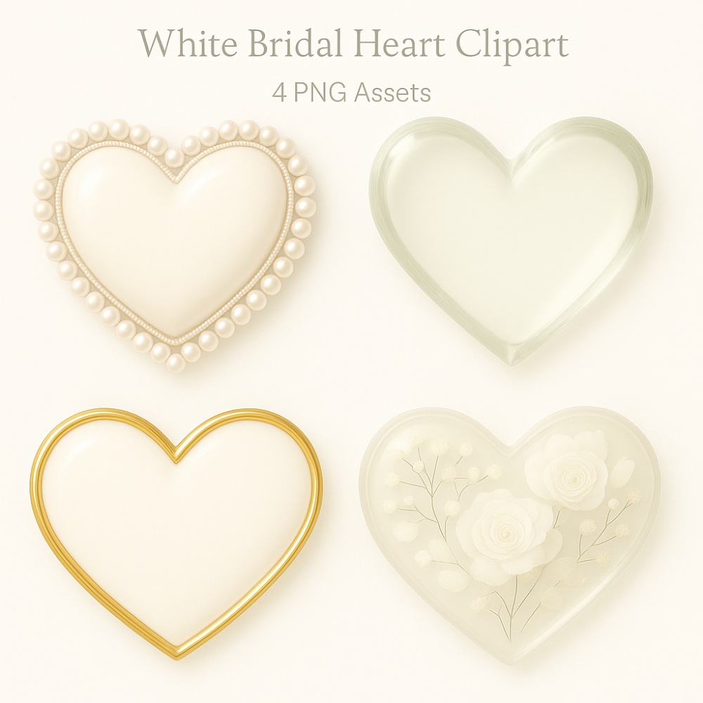 ホワイトブライダルハート素材セット（全4点）｜パール・クリスタル・ゴールド・フラワー｜上品ウェディングPNG