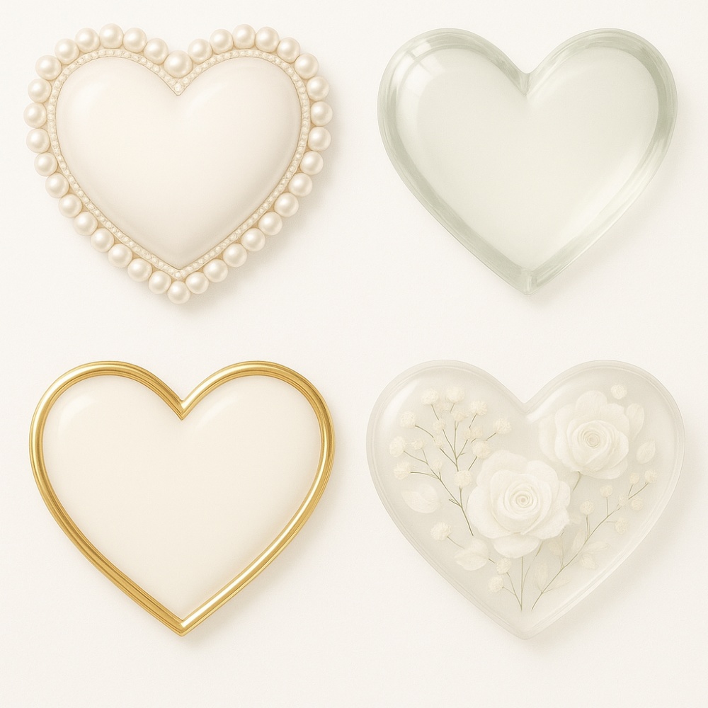 ホワイトブライダルハート素材セット(全4点)|パール・クリスタル・ゴールド・フラワー|上品ウェディングPNG