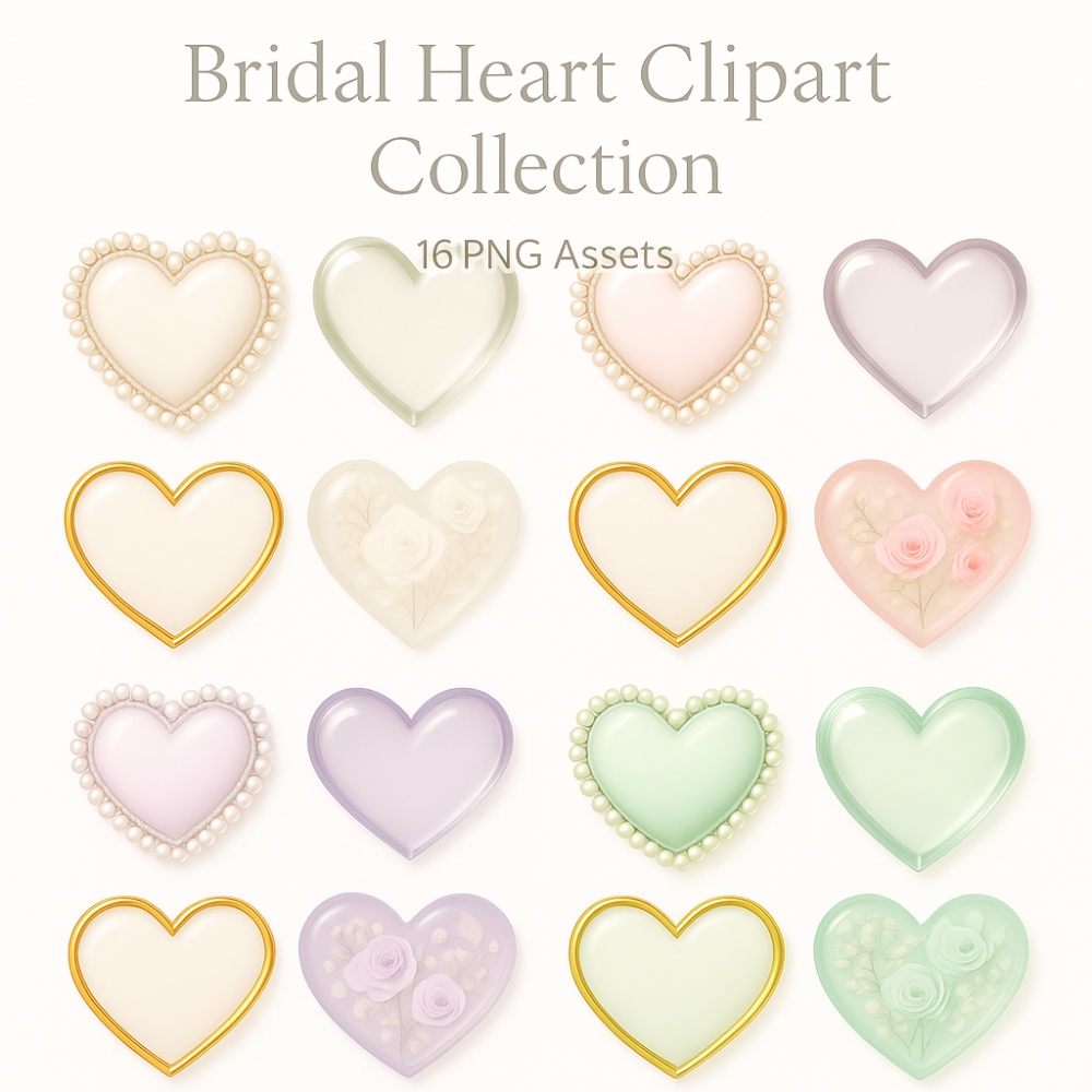 ブライダルハート素材コレクション(全16点)+おまけ|ホワイト・ピンク・ラベンダー・ミント|パール・クリスタル・ゴールド・フラワー