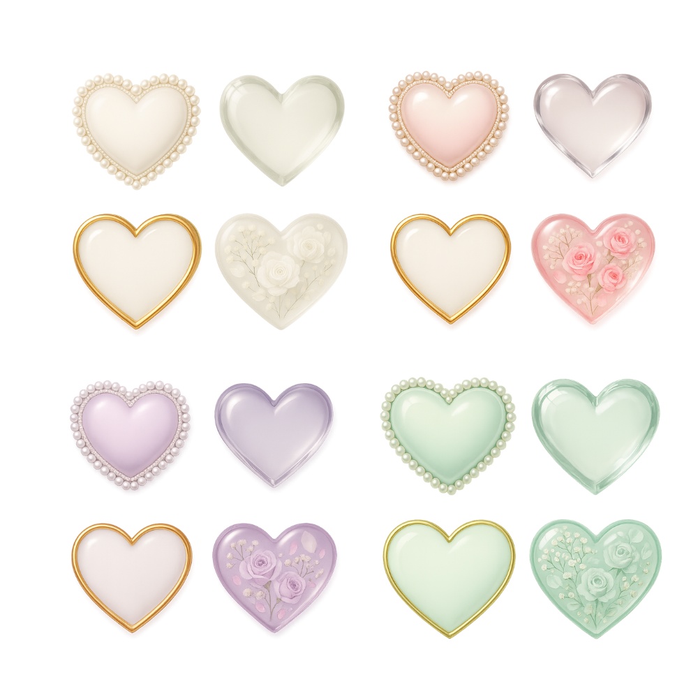 ブライダルハート素材コレクション(全16点)+おまけ|ホワイト・ピンク・ラベンダー・ミント|パール・クリスタル・ゴールド・フラワー