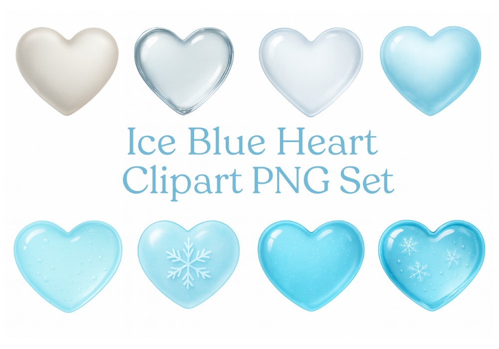 透明感アイスブルーハート クリップアート 8点セット｜ガラス風・氷質感・PNG素材・背景透過